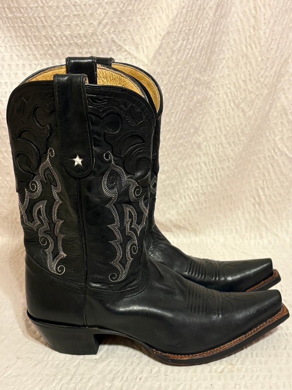 Tony Lama Vaquero Mexico Black Leather Cowgirl Boots 8.5B Embroidery Cutouts EUC